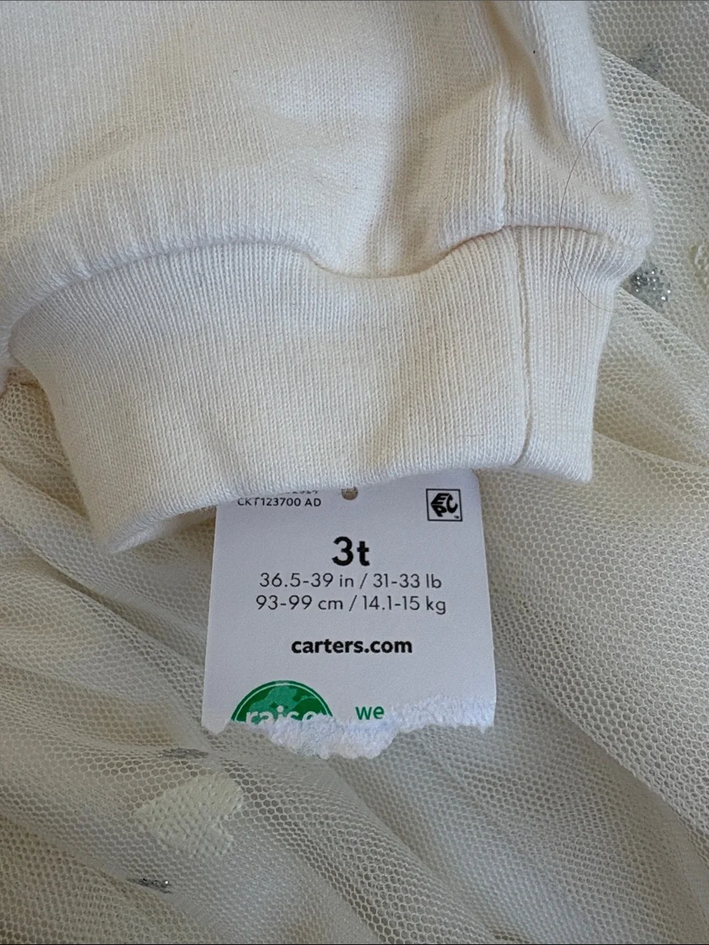 NWT - Carter's Cream Tulle-Hem Sweatshirt Dress with Heart Accents
